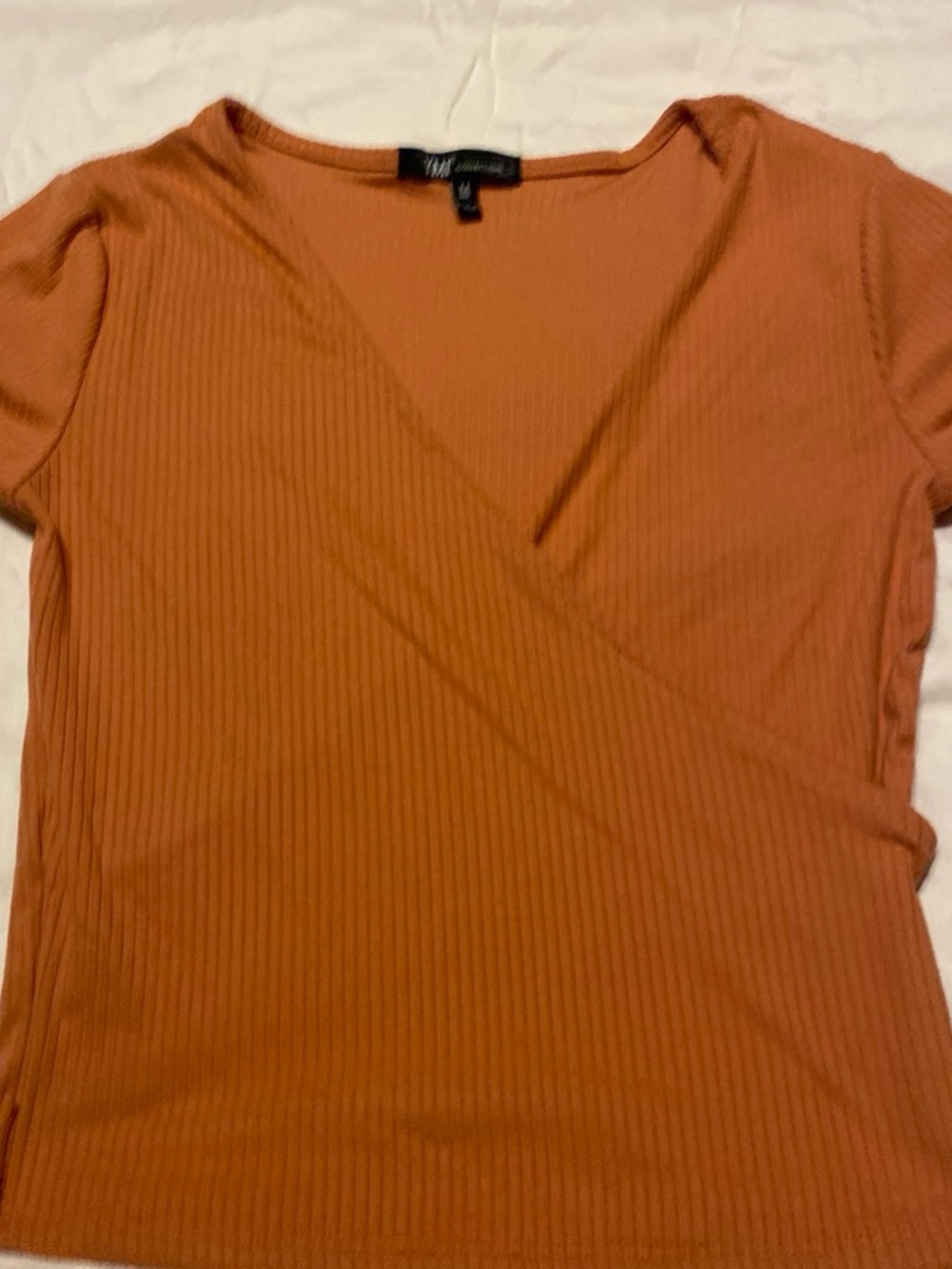 YMI Rust Ribbed Short-Sleeve Wrap-Front Top
